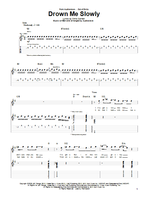 Audioslave Drown Me Slowly sheet music notes and chords arranged for Guitar Tab