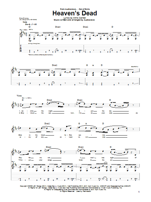 Audioslave Heaven's Dead sheet music notes and chords arranged for Guitar Tab