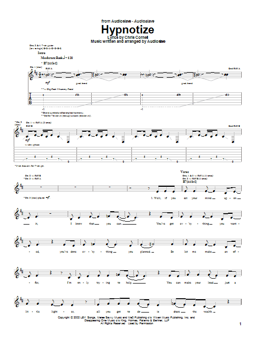 Audioslave Hypnotize sheet music notes and chords arranged for Guitar Tab