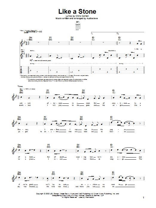 Audioslave Like A Stone sheet music notes and chords arranged for Guitar Chords/Lyrics
