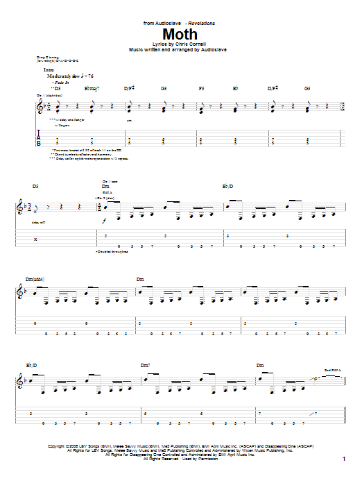 Audioslave Moth sheet music notes and chords arranged for Guitar Tab
