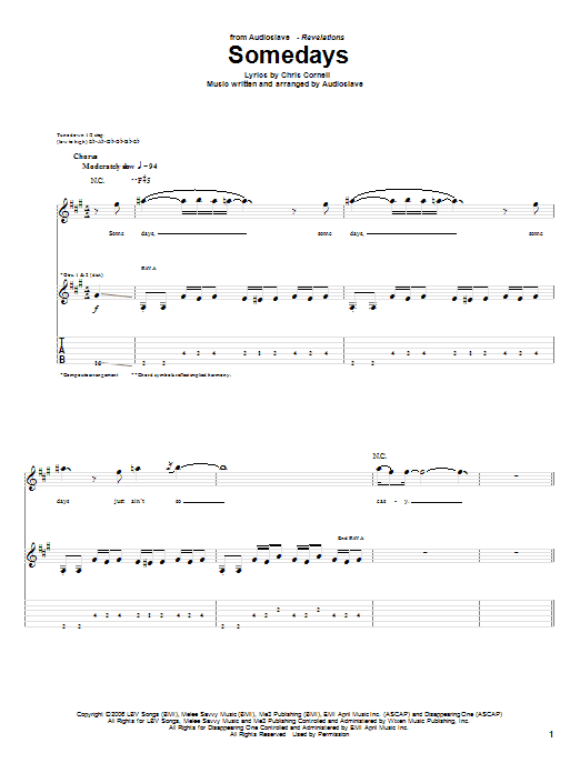 Audioslave Somedays sheet music notes and chords arranged for Guitar Tab