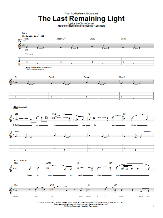 Audioslave The Last Remaining Light sheet music notes and chords arranged for Guitar Tab
