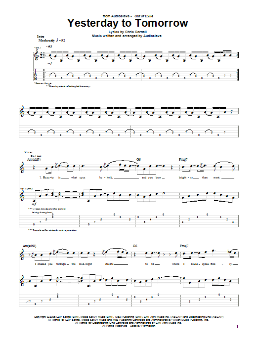 Audioslave Yesterday To Tomorrow sheet music notes and chords arranged for Guitar Tab