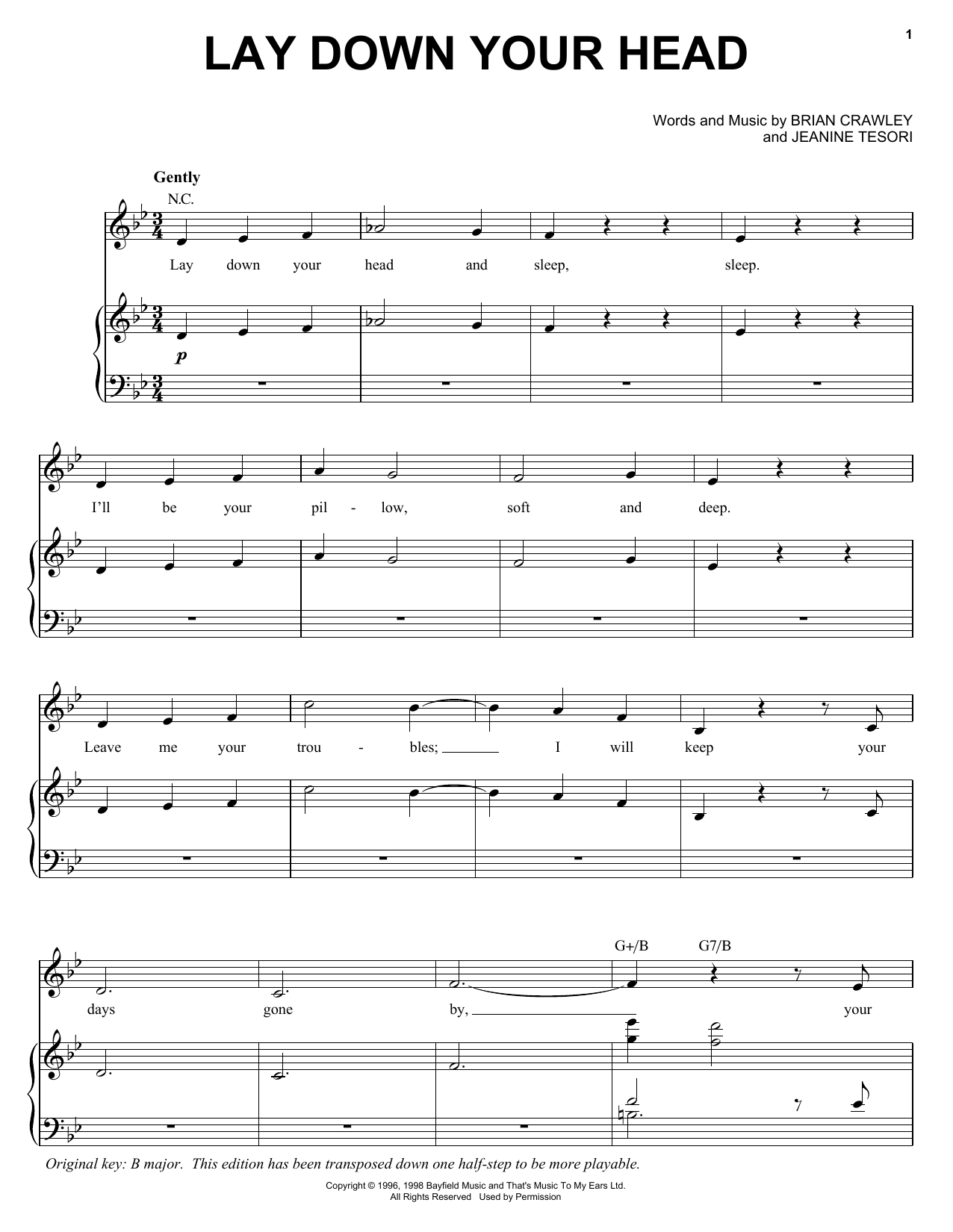 Audra McDonald Lay Down Your Head sheet music notes and chords arranged for Piano, Vocal & Guitar Chords (Right-Hand Melody)