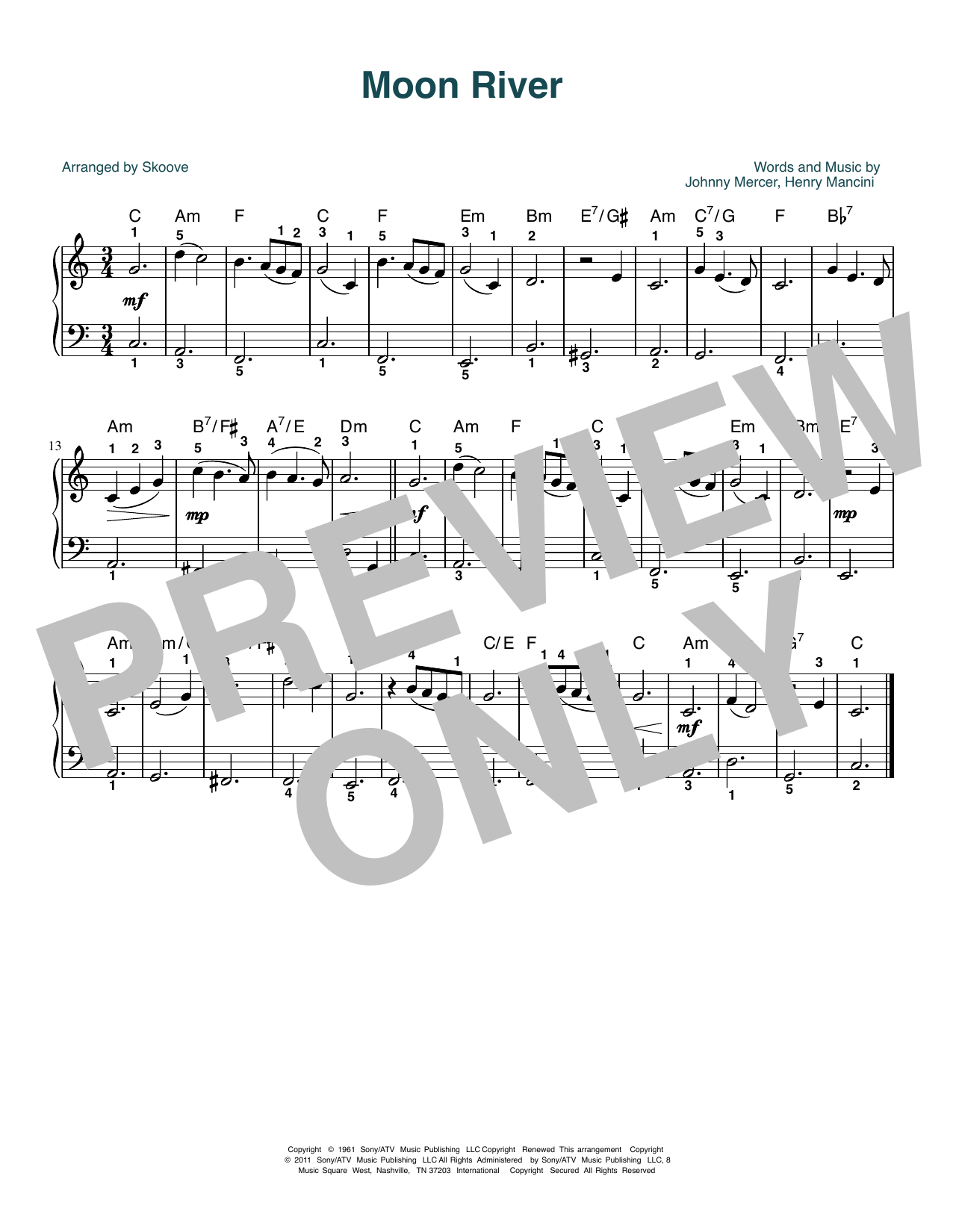Audrey Hepburn Moon River (arr. Skoove) sheet music notes and chords arranged for Beginner Piano (Abridged)