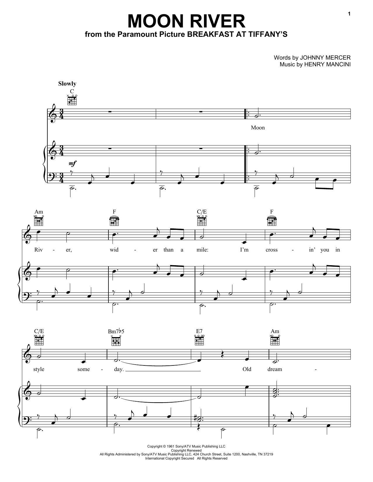 Audrey Hepburn Moon River sheet music notes and chords arranged for Piano, Vocal & Guitar Chords (Right-Hand Melody)