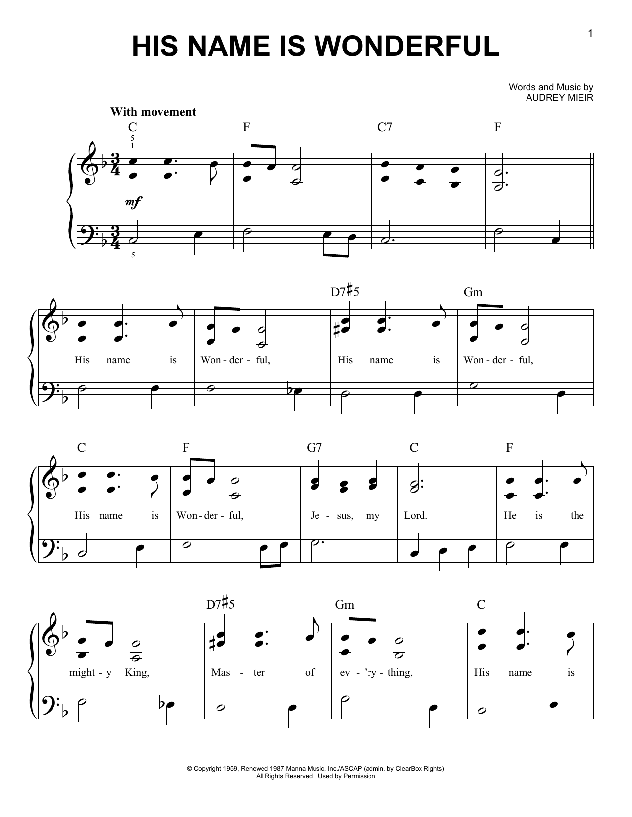 Audrey Mieir His Name Is Wonderful sheet music notes and chords arranged for Super Easy Piano