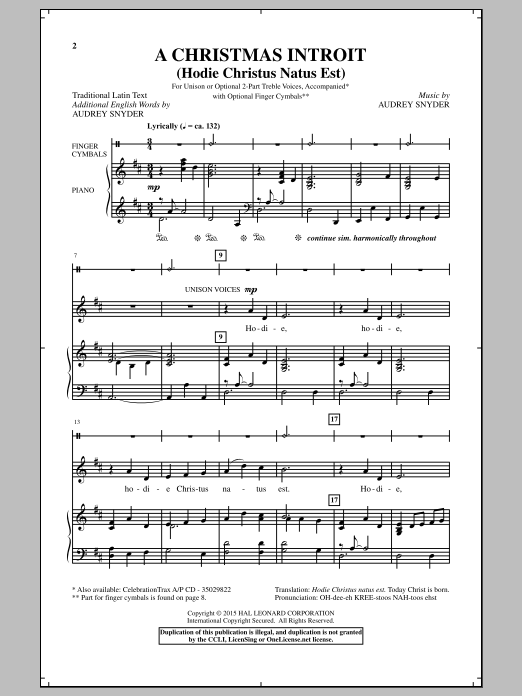 Audrey Snyder A Christmas Introit (Hodie Christus Natus Est) sheet music notes and chords arranged for 2-Part Choir