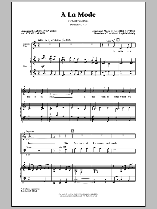 Audrey Snyder A La Mode sheet music notes and chords arranged for 2-Part Choir