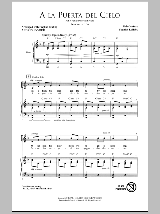 Audrey Snyder A La Puerta Del Cielo sheet music notes and chords arranged for 2-Part Choir
