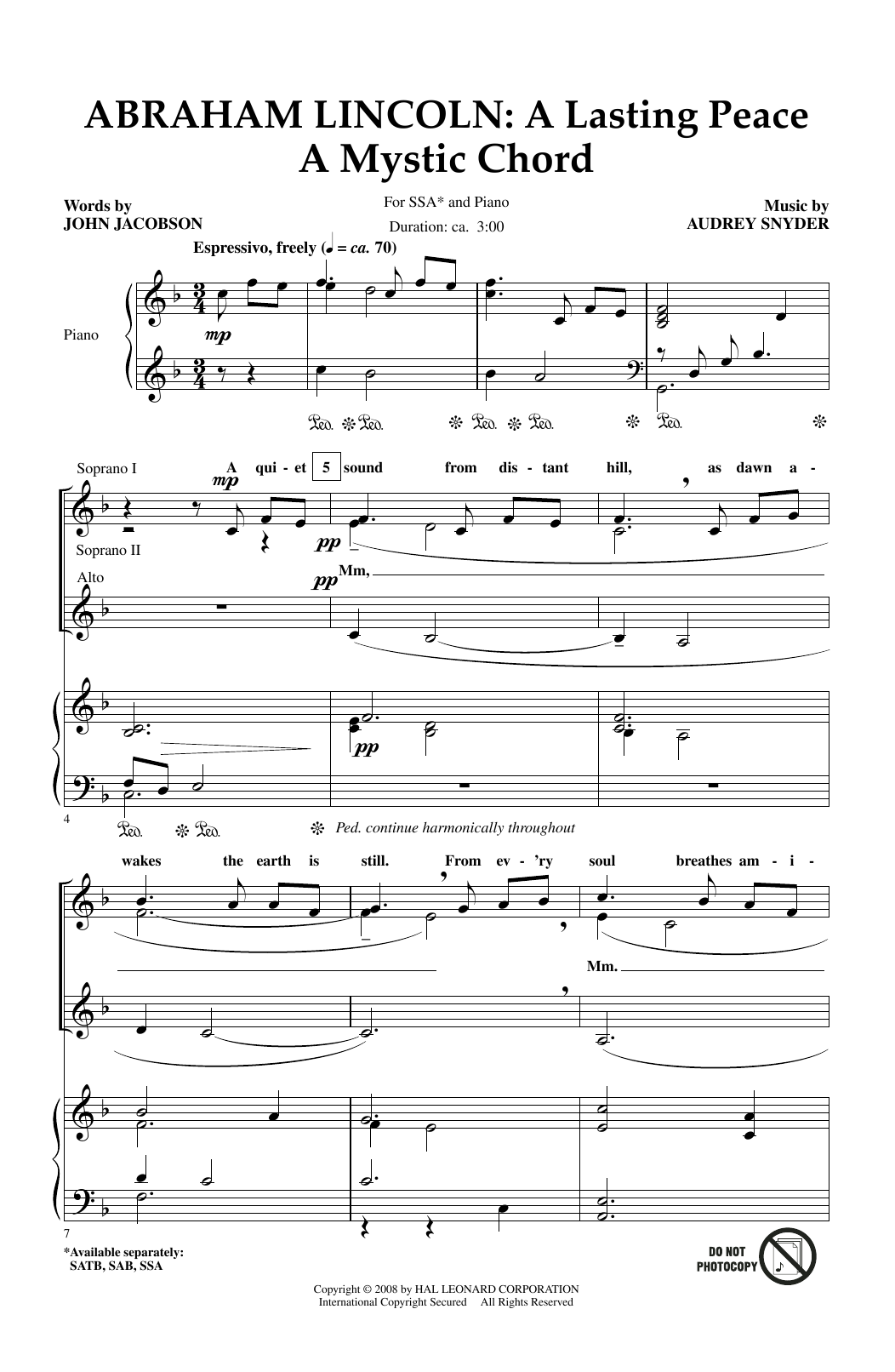 Audrey Snyder Abraham Lincoln: A Lasting Peace sheet music notes and chords arranged for SSA Choir