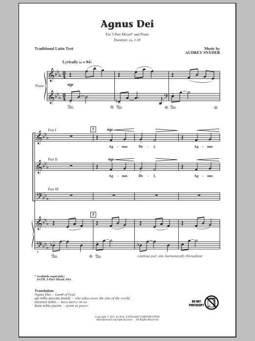 Audrey Snyder Agnus Dei sheet music notes and chords arranged for SSA Choir
