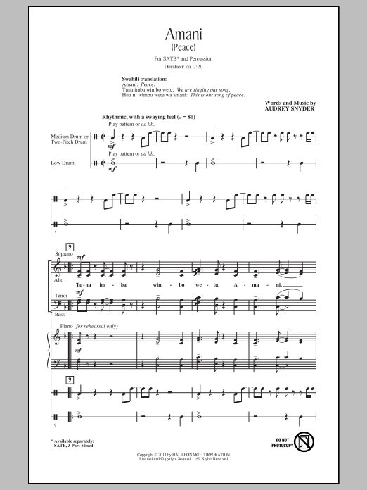 Audrey Snyder Amani (Peace) sheet music notes and chords arranged for 3-Part Mixed Choir