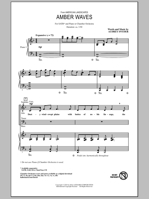 Audrey Snyder Amber Waves sheet music notes and chords arranged for SAB Choir