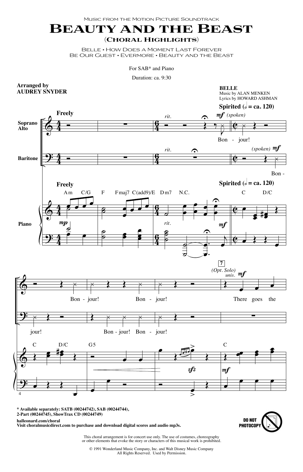 Audrey Snyder Beauty and The Beast (Choral Highlights) sheet music notes and chords arranged for SAB Choir