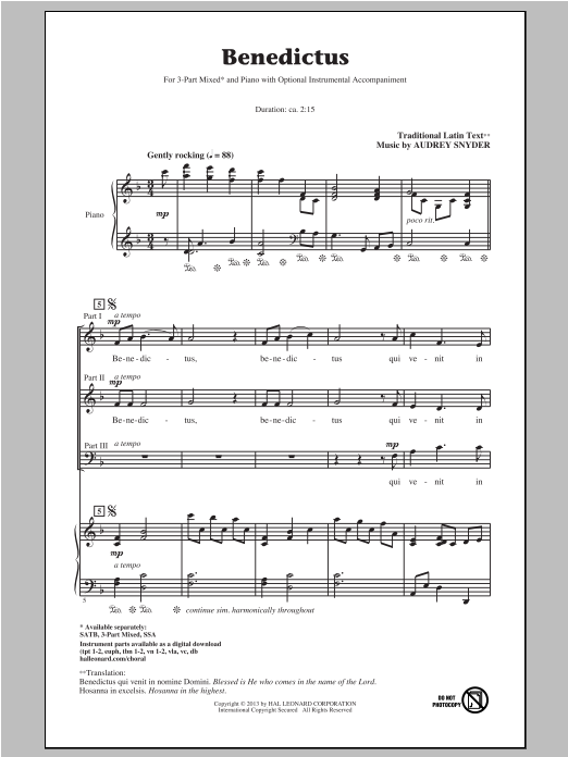 Audrey Snyder Benedictus sheet music notes and chords arranged for 3-Part Mixed Choir