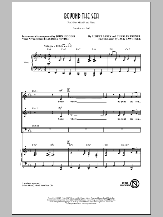 Audrey Snyder Beyond The Sea sheet music notes and chords arranged for 3-Part Mixed Choir