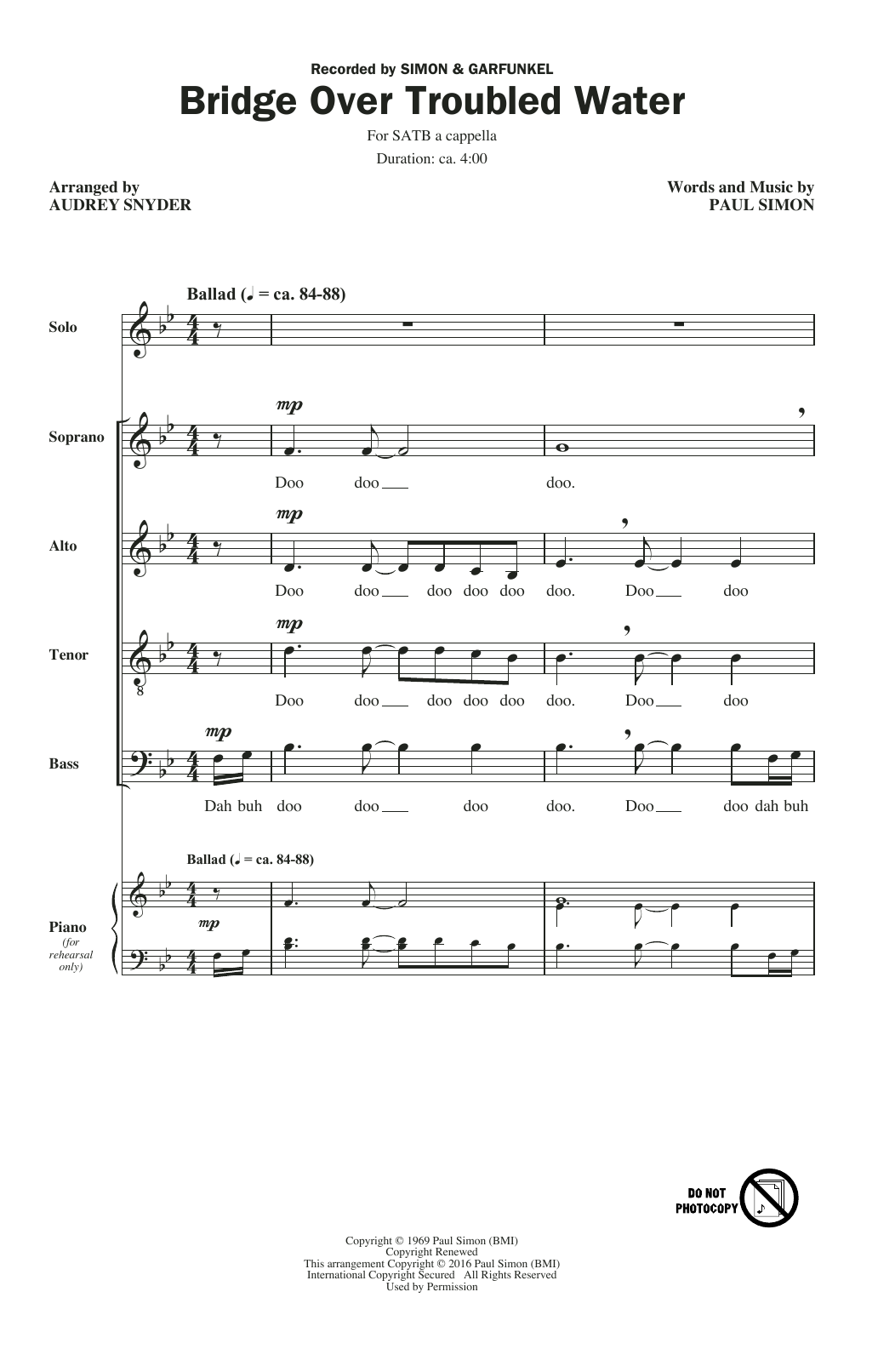 Audrey Snyder Bridge Over Troubled Water sheet music notes and chords arranged for SATB Choir