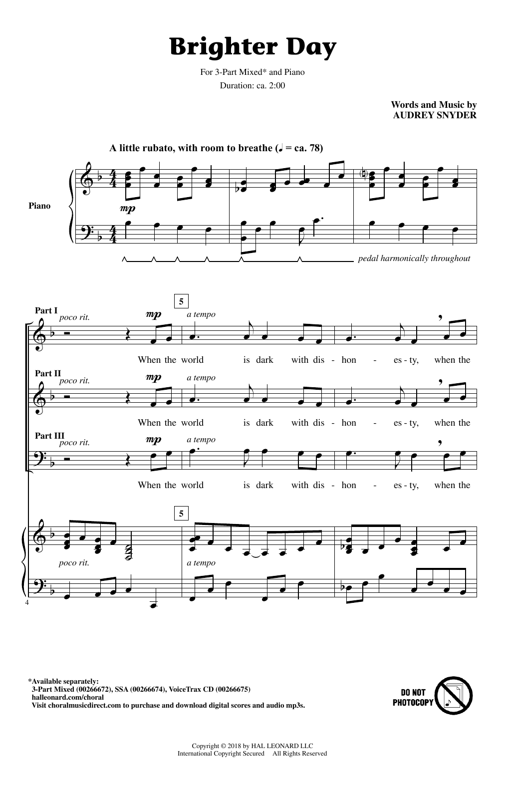 Audrey Snyder Brighter Day sheet music notes and chords arranged for 3-Part Mixed Choir