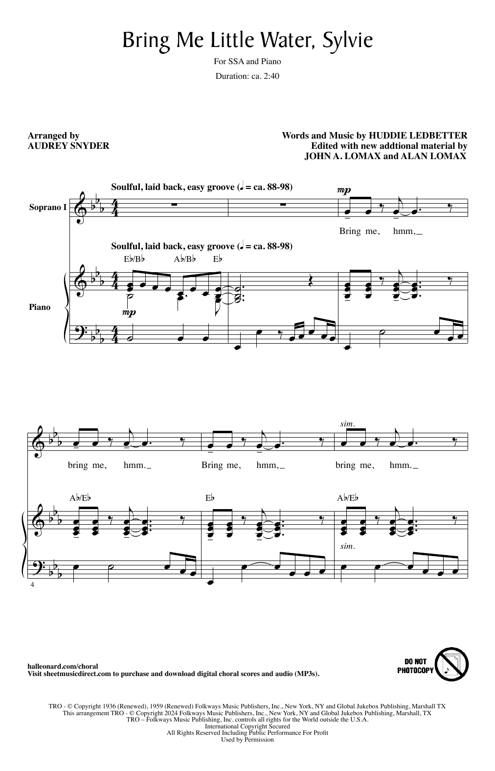 Audrey Snyder Bring Me Little Water, Silvie sheet music notes and chords arranged for SSA Choir