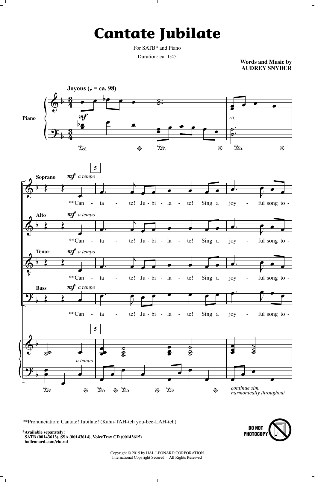 Audrey Snyder Cantate Jubilate sheet music notes and chords arranged for SATB Choir