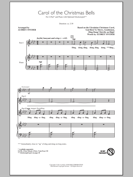 Audrey Snyder Carol Of The Christmas Bells sheet music notes and chords arranged for 2-Part Choir