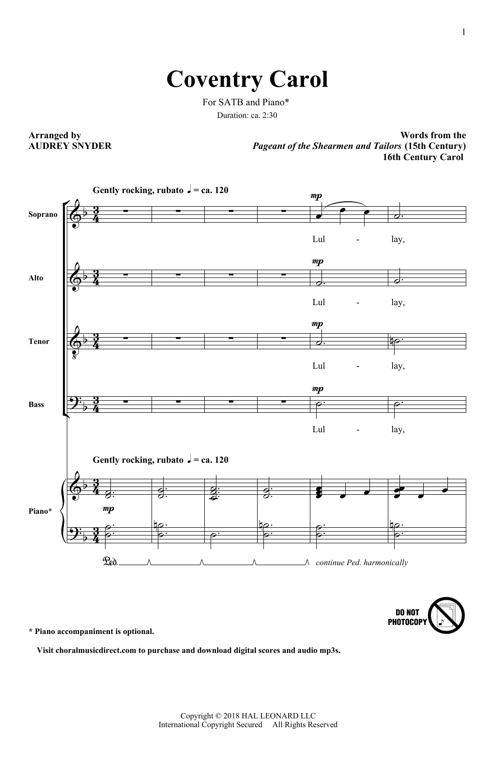 Audrey Snyder Coventry Carol sheet music notes and chords arranged for SATB Choir