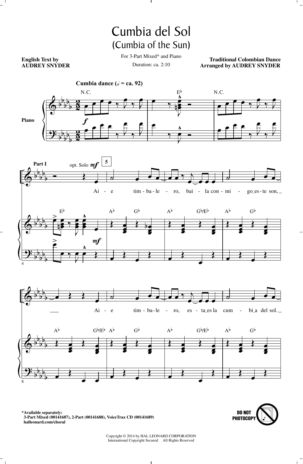Audrey Snyder Cumbia Del Sol (Cumbia Of The Sun) sheet music notes and chords arranged for 3-Part Mixed Choir