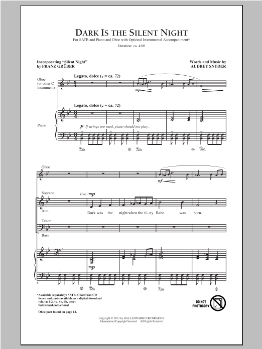Audrey Snyder Dark Is The Silent Night sheet music notes and chords arranged for SATB Choir