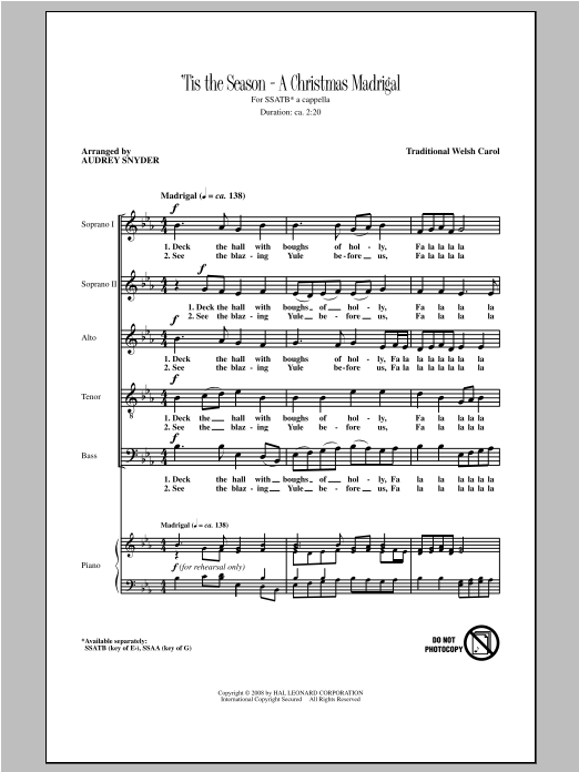 Audrey Snyder Deck The Hall sheet music notes and chords arranged for SATB Choir