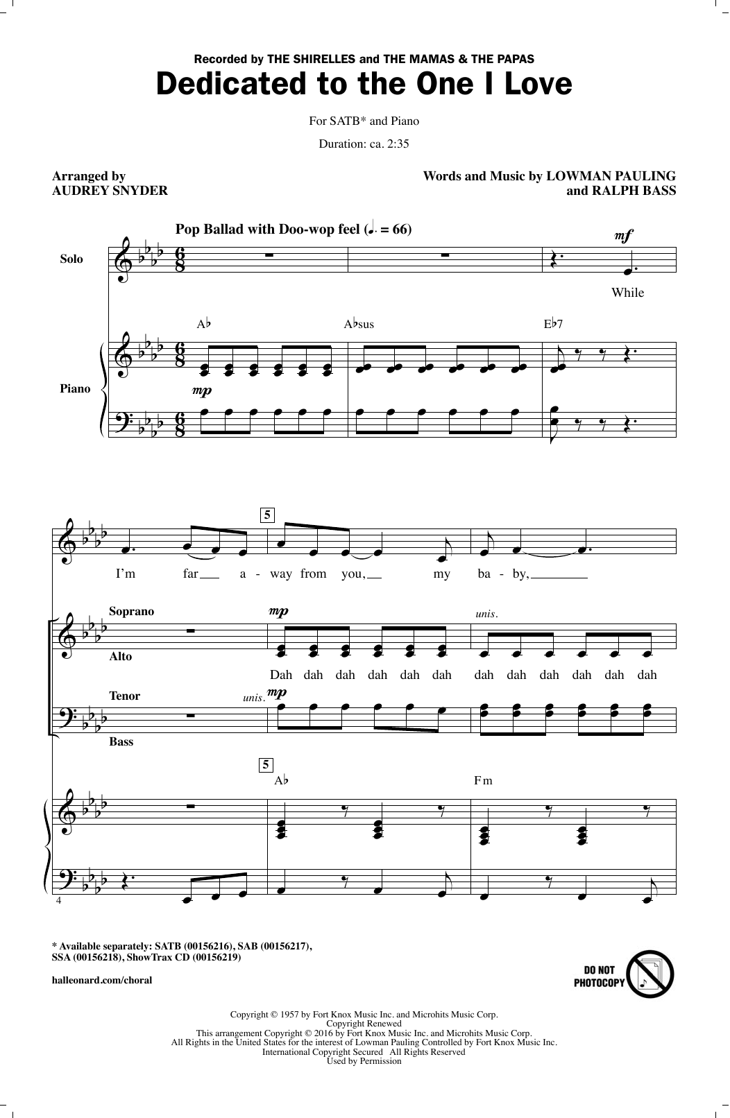 Audrey Snyder Dedicated To The One I Love sheet music notes and chords arranged for SATB Choir