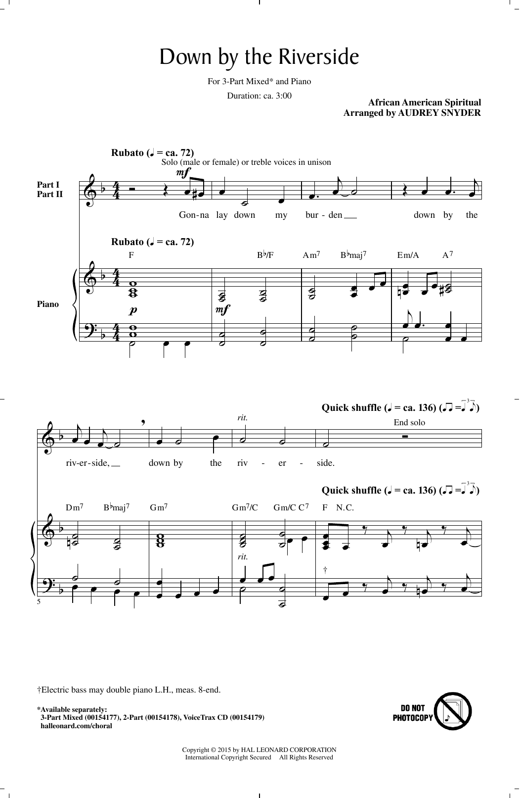 Audrey Snyder Down By The Riverside sheet music notes and chords arranged for 3-Part Mixed Choir