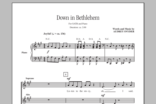 Audrey Snyder Down In Bethlehem sheet music notes and chords arranged for SATB Choir
