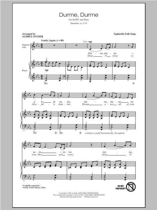 Audrey Snyder Durme, Durme sheet music notes and chords arranged for SATB Choir