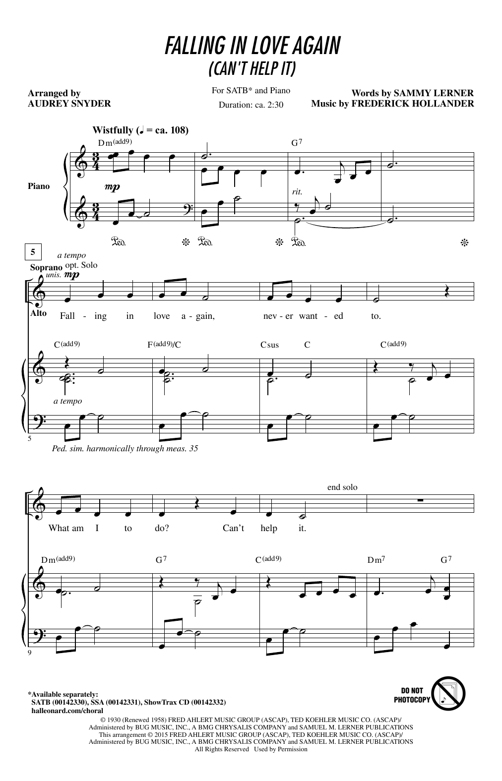 Audrey Snyder Falling In Love Again (Can't Help It) sheet music notes and chords arranged for SATB Choir