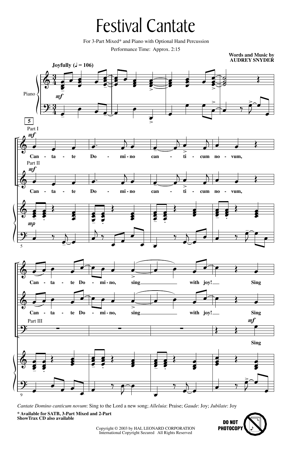 Audrey Snyder Festival Cantate sheet music notes and chords arranged for 3-Part Mixed Choir