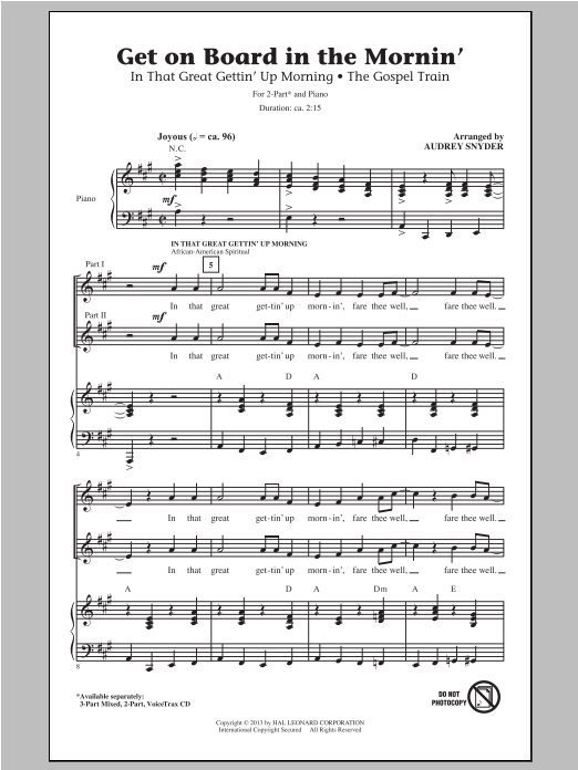 Audrey Snyder Get On Board In The Mornin' sheet music notes and chords arranged for 3-Part Mixed Choir