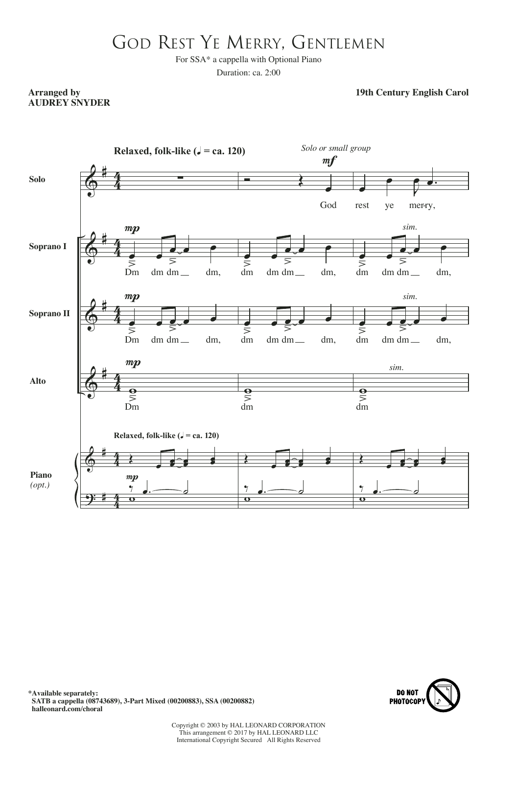 Audrey Snyder God Rest Ye Merry, Gentlemen sheet music notes and chords arranged for 3-Part Mixed Choir