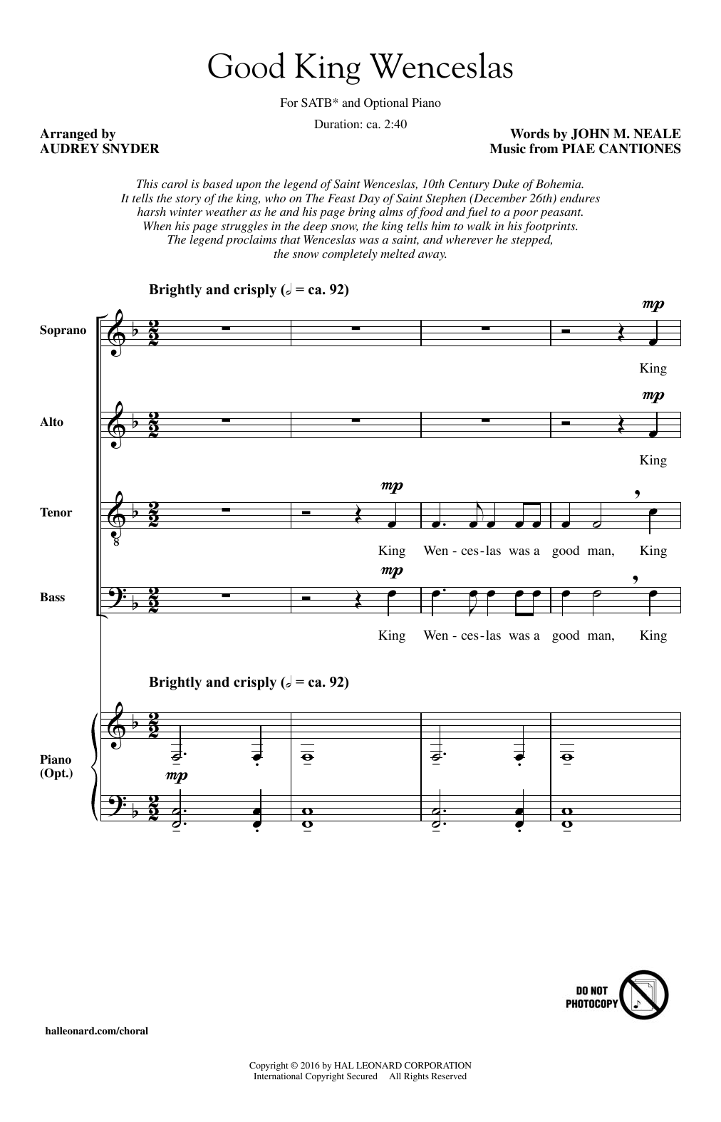 Audrey Snyder Good King Wenceslas sheet music notes and chords arranged for SATB Choir