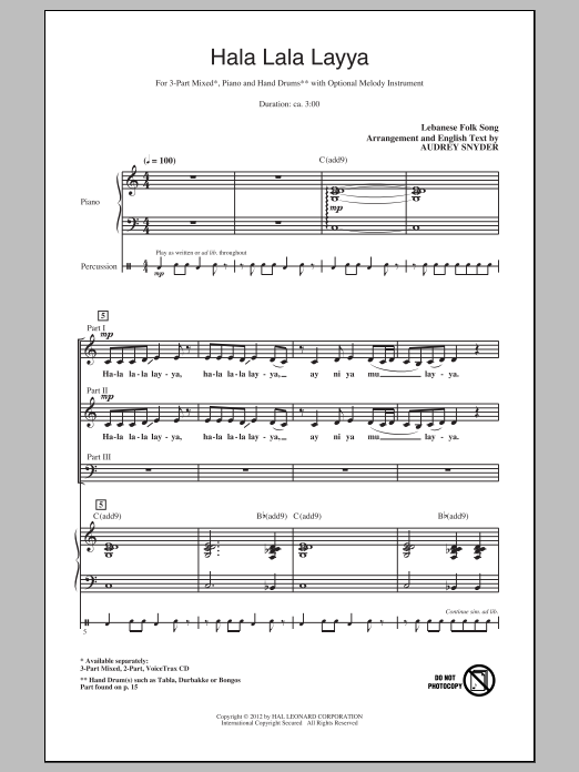 Audrey Snyder Hala Lala Layya sheet music notes and chords arranged for 2-Part Choir
