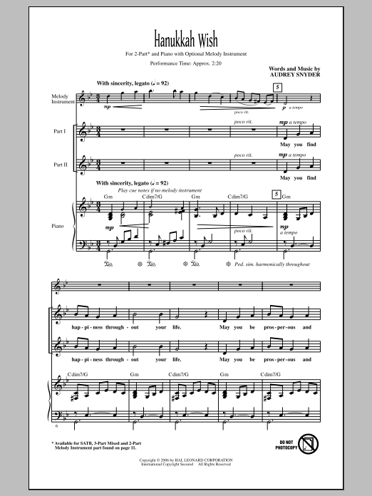 Audrey Snyder Hanukkah Wish sheet music notes and chords arranged for 3-Part Mixed Choir