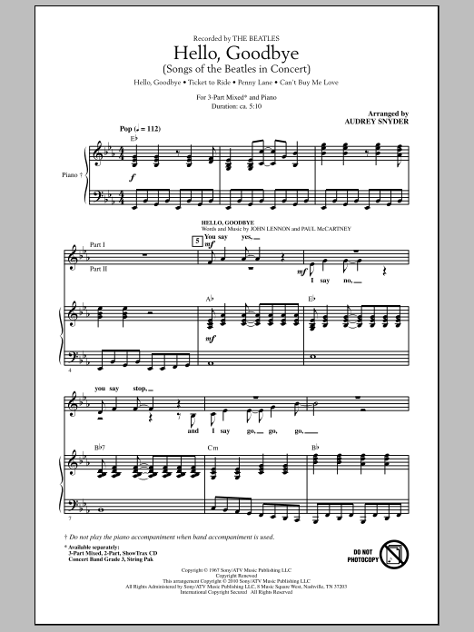 Audrey Snyder Hello, Goodbye (Songs Of The Beatles In Concert) sheet music notes and chords arranged for 3-Part Mixed Choir