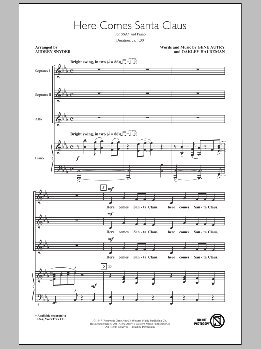 Audrey Snyder Here Comes Santa Claus (Right Down Santa Claus Lane) sheet music notes and chords arranged for SSA Choir