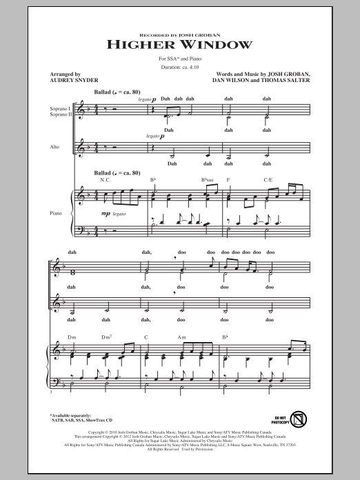 Audrey Snyder Higher Window sheet music notes and chords arranged for SATB Choir