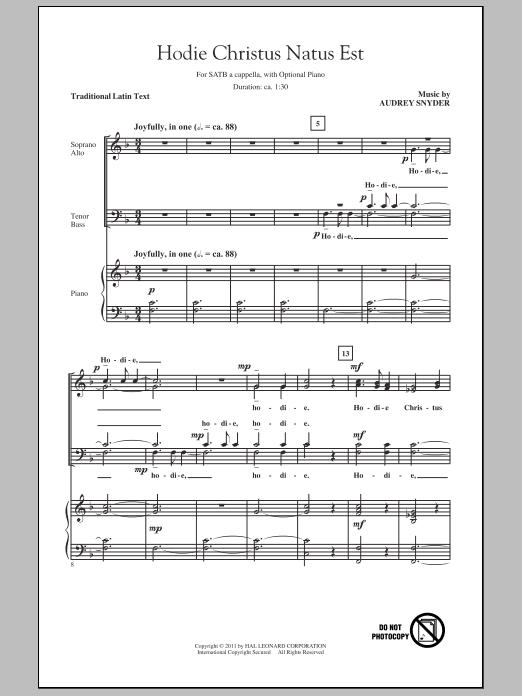Audrey Snyder Hodie Christus Natus Est sheet music notes and chords arranged for SATB Choir