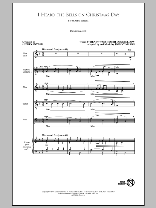 Audrey Snyder I Heard The Bells On Christmas Day sheet music notes and chords arranged for SATB Choir