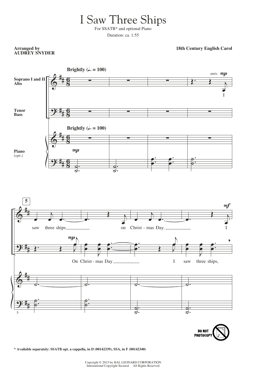 Audrey Snyder I Saw Three Ships sheet music notes and chords arranged for SSATB Choir