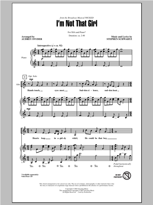 Audrey Snyder I'm Not That Girl (from Wicked) sheet music notes and chords arranged for SSA Choir