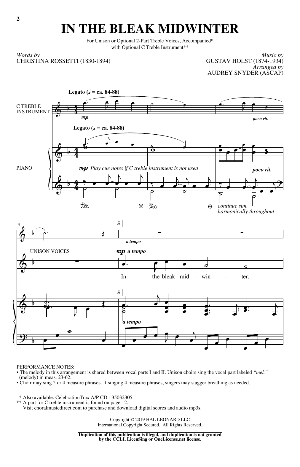 Audrey Snyder In The Bleak Midwinter sheet music notes and chords arranged for Unison Choir